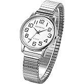 JEWELRYWE Mens Big Dial Easy Reader Round Quartz Watch Gold/Silver Tone Elastic Band Wristwatch for Valentine's Day