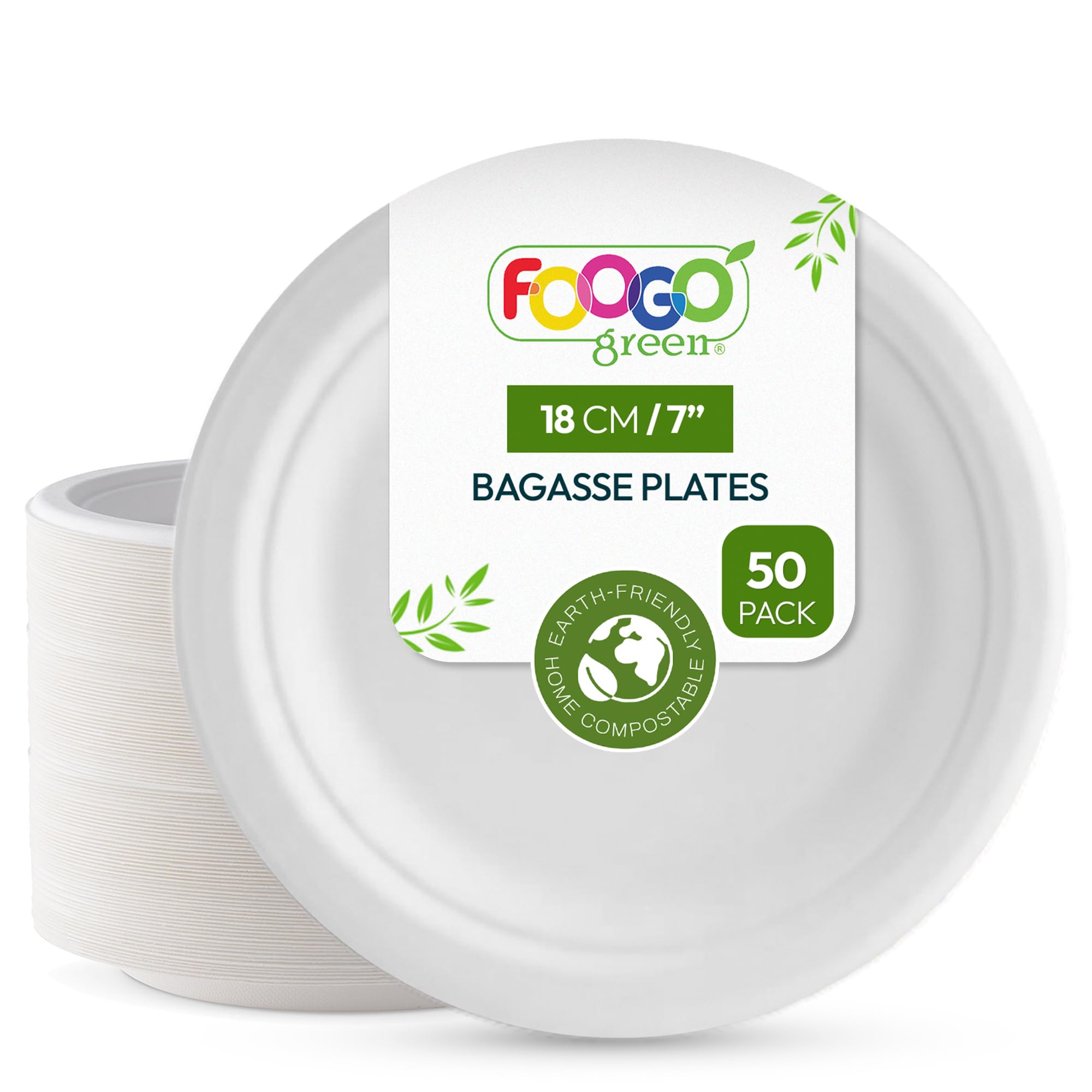 FOOGO Green 50 Disposable Sugarcane Bagasse Plates, 7 inch (18 cm), for Desserts and Starters, Eco Friendly Biodegradable Compostable, Picnic, Party, Small Round Strong Paper Plates