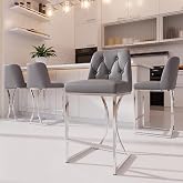 Ollega 24" Grey Counter Height Bar Stools Set of 4, Button Tufted Back | 2.6" Thick Seat, Easy-Clean Leather, Quick Assembly, Chrome Legs with 330lb Weight Capacity, for Kitchen Islands, Home Bars