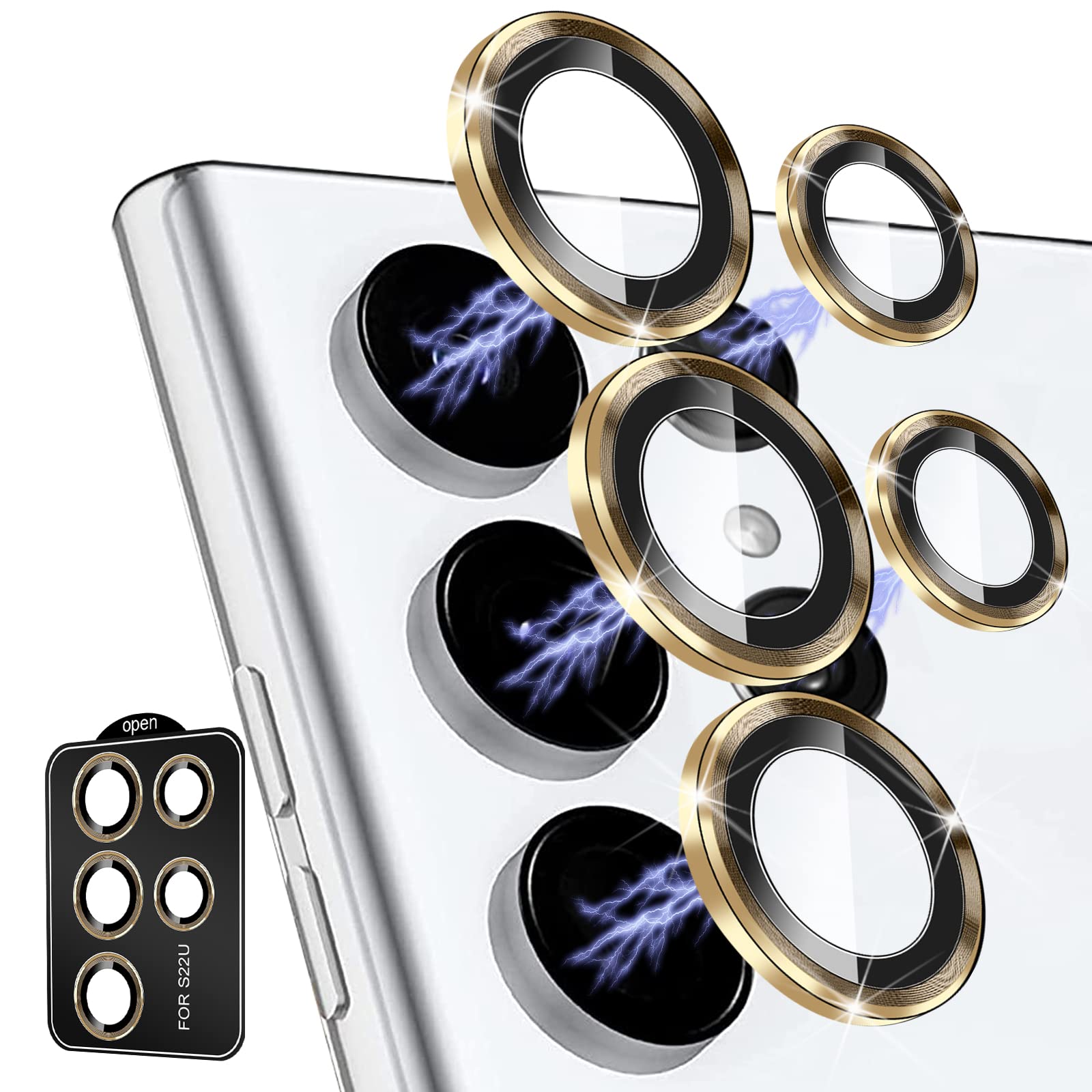 Photo 1 of JOLOJO Metal [3+2+Install Tray] Camera Lens Protector Compatible for Samsung Galaxy S22 Ultra (6.8") Accessories Aluminum Alloy & Lens Tempered Glass [Shatter/Water/Fog/Drop-Proof] - Gold