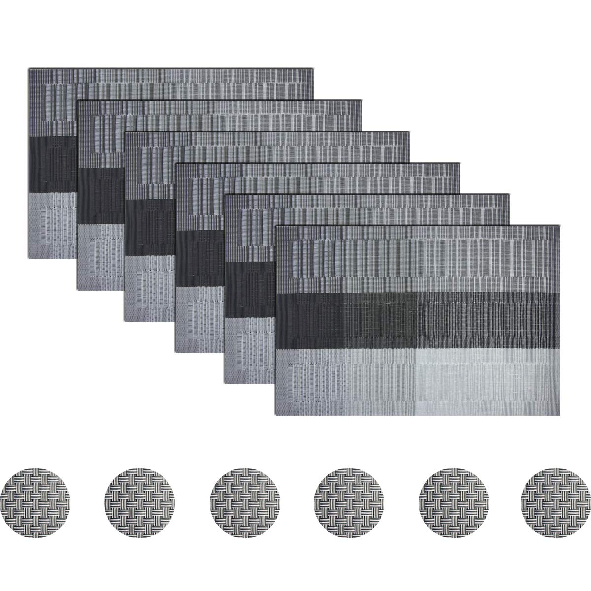 pigchcy Black Elegant Placemats Set of 6 with Random Coaster Vinyl Washable Placemats for Dining Table Indoor Outdoor(45 x 30cm)