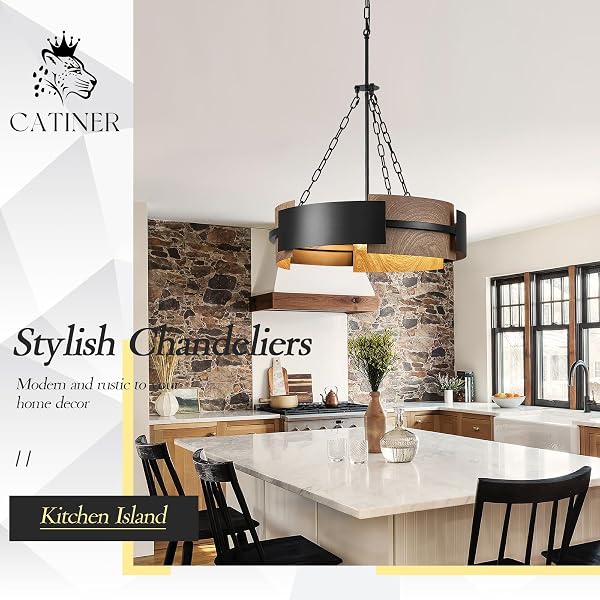 MODERN CHANDELIER 24″ INDUSTRIAL DRUM LIGHT FIXTURE BLACK METAL 6-LIGHT HANGING CHANDELIER WALNUT WOOD GRAIN FOR LIVING DINING ROOM FOYER ENTRYWAY KITCHEN