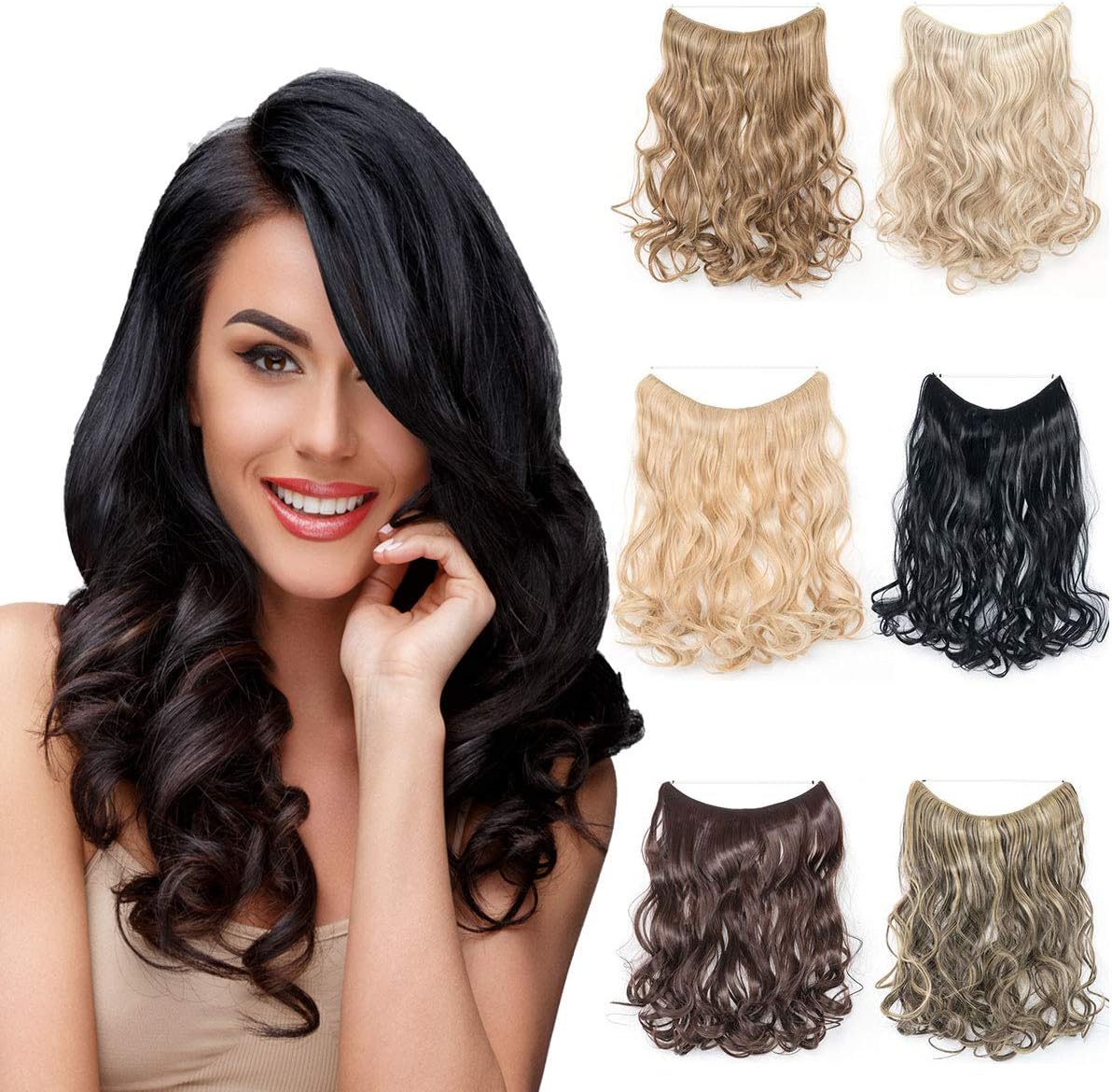 Invisible Wire in Hair Extensions No Clips Hidden Elastic Miracle Fish Line Hairpiece Synthetic Hair for Girls 20" Curly (Light Ash Blonde mix Bleach Blonde)