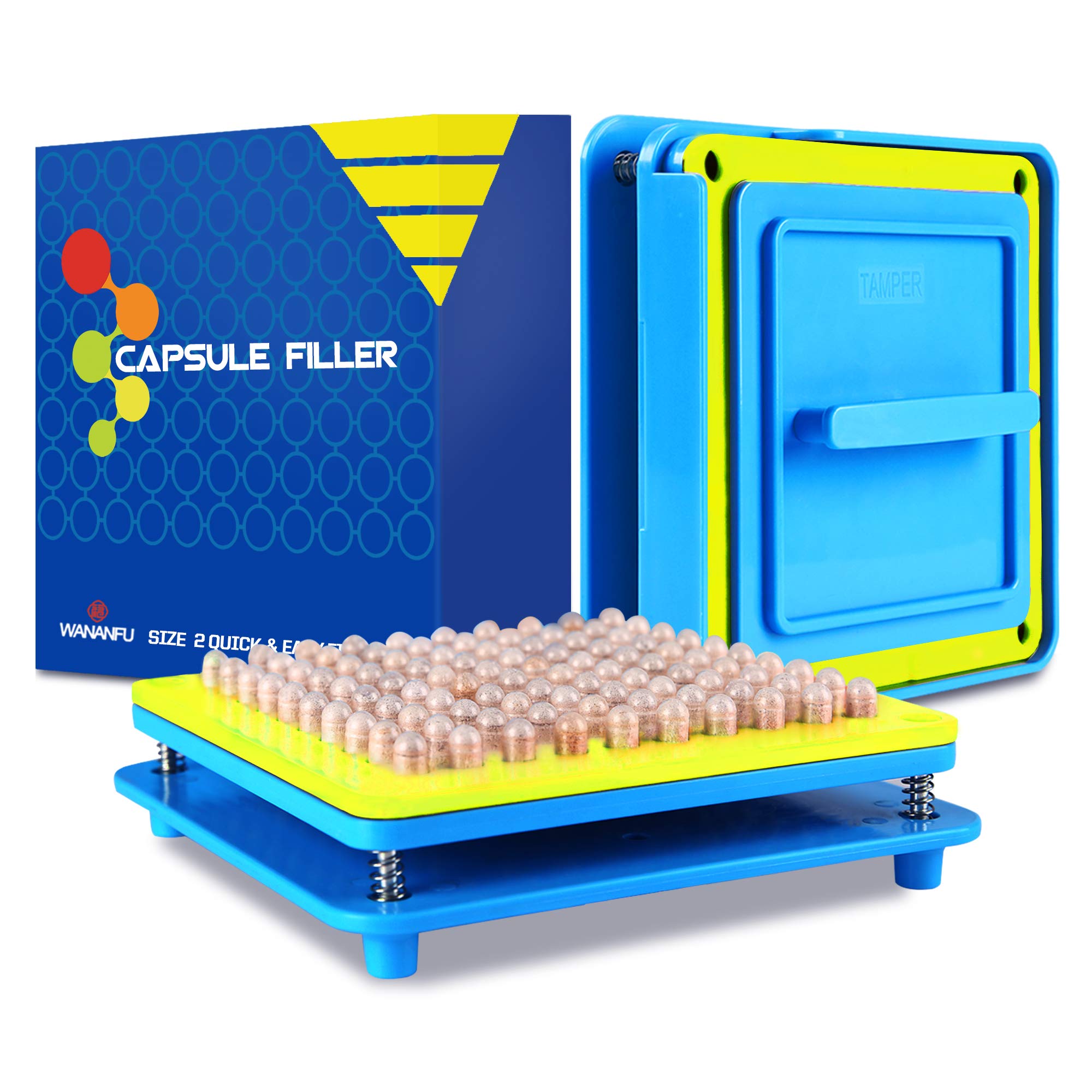 WANANFU Capsule Filling Machine for Size 2 Empty Capsules Vegetarian or Gelatin, Detailed Instructions and Spoon Included