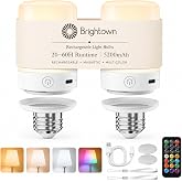 Brightown Upgraded 5200mAh E26 Rechargeable Light Bulbs with Remote Timer | Battery operated light bulb with magnetic base for lamps and sconces, 3 color temperatures and 9 RGB colors, 2 Pack