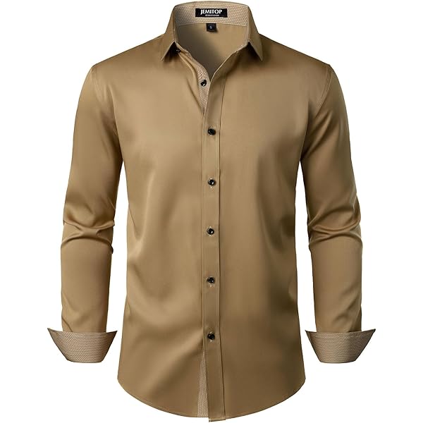 slim fit dress slacks Hi-Tie Champagne Shirt Solid Satin Mens Long Sleeve Dress Shirt Formal, L