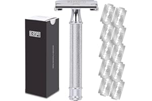 KEROPY Safety Razor for Men, Premium Stainless Steel Butterfly Open Comb DE Razor, Weighted Heavy Handle with 10 Double Edge Blades, Mirror Polished Silver - Luxury Gift Set for Dad, Groom