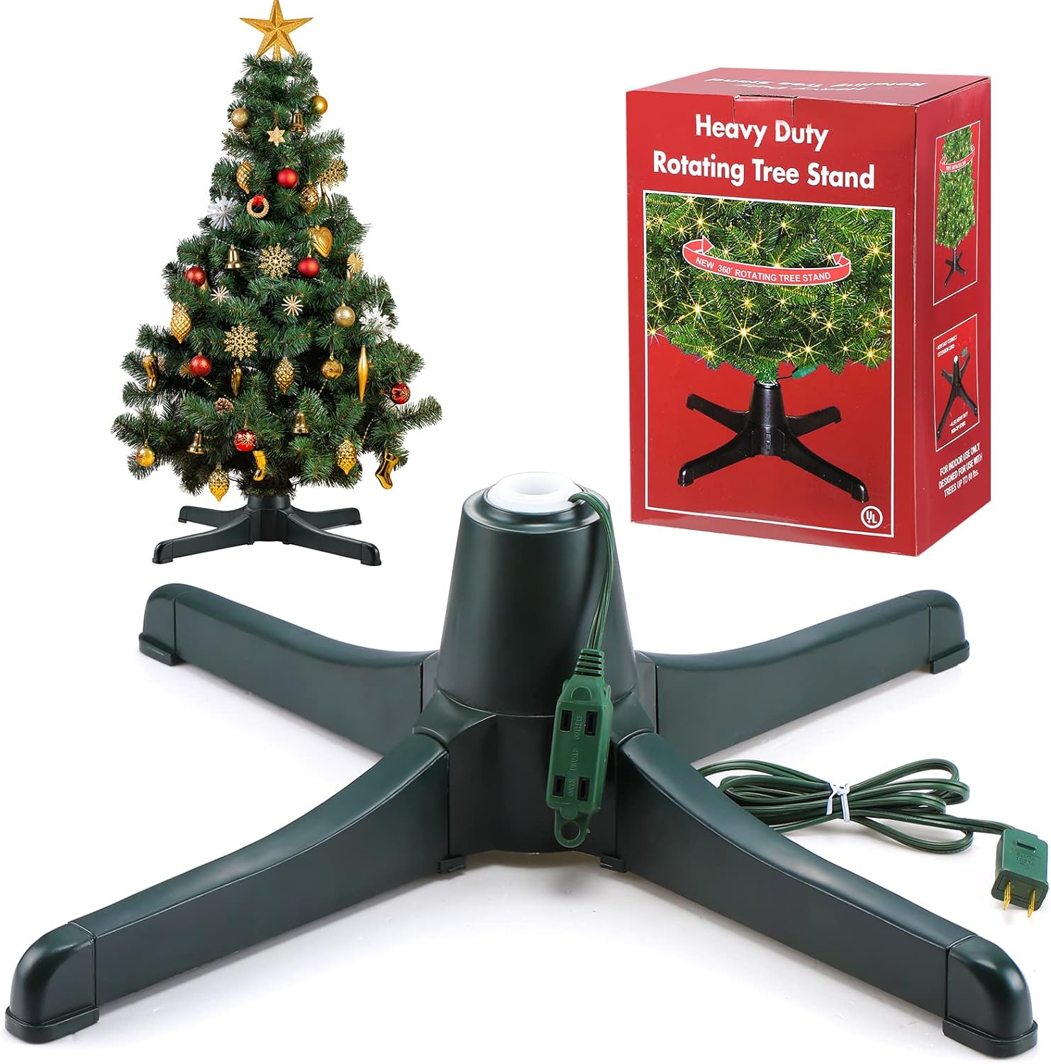 Tree Stands - 360 Degree Rotating Christmas Tree Stand for up to 7.5ft Artificial Tree Rotating Tree Stand Black Tree Revolving Stand Christmas Tree Turning Stand Xmas Tree Bases with 3 Built in Electrical Outlets