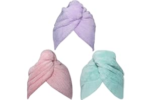 Chikoni Hair Towel Wrap Turban 3 Pack Super Absorbent Microfiber Quick Dry Hair Towel with Button, Dry Hair Hat, Wrapped Bath