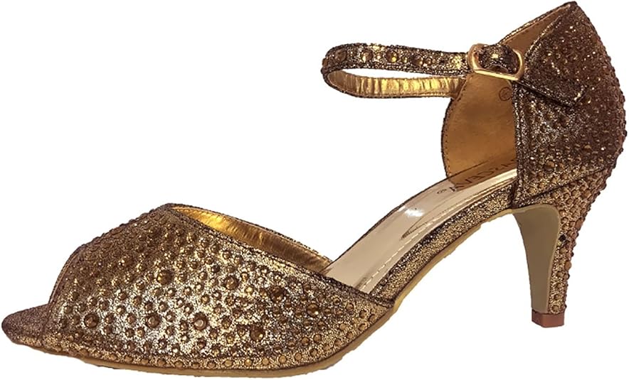 Ladies Diamante Low Heel Evening Shoes Ankle Strap Party Sandals UK