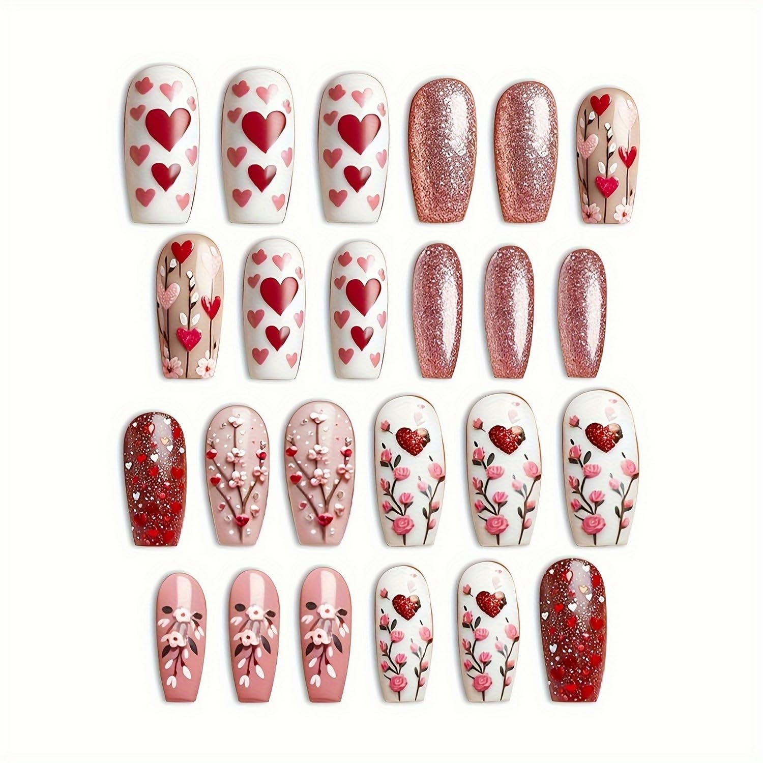 24 Pcs Valentines Glitter Press on Nails Glossy Fake Nails Red Heart and Flowers Design Medium Coffin False Nails Sparkly Full Cover Stick on Nails Valentines Nails for Women DIY Manicure Decor - Image 2