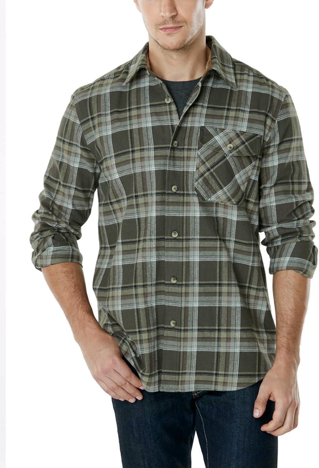 CQR Men's All Cotton Flannel Shirt, Long Sleeve Casual Button Up Plaid Shirt, Brushed Soft Outdoor Shirts: Clothing
