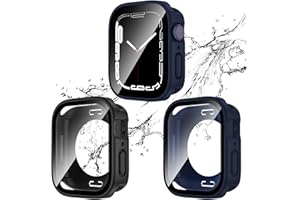 SINGIUZOO 2 Pack 2 in 1 Waterproof Case for Apple Watch Series SE SE2 6 5 4 44mm, Straight Edge PC Front & Back Bumper with Tempered Glass Screen Protector 360 Protective Cover for iWatch (44mm, Black/Blue)