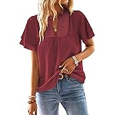 Falechay Womens Tops Butterfly Sleeve V Neck Blouses for Women Dressy Casual Flowy Swiss Dot Ruffle Short Sleeve Shirts