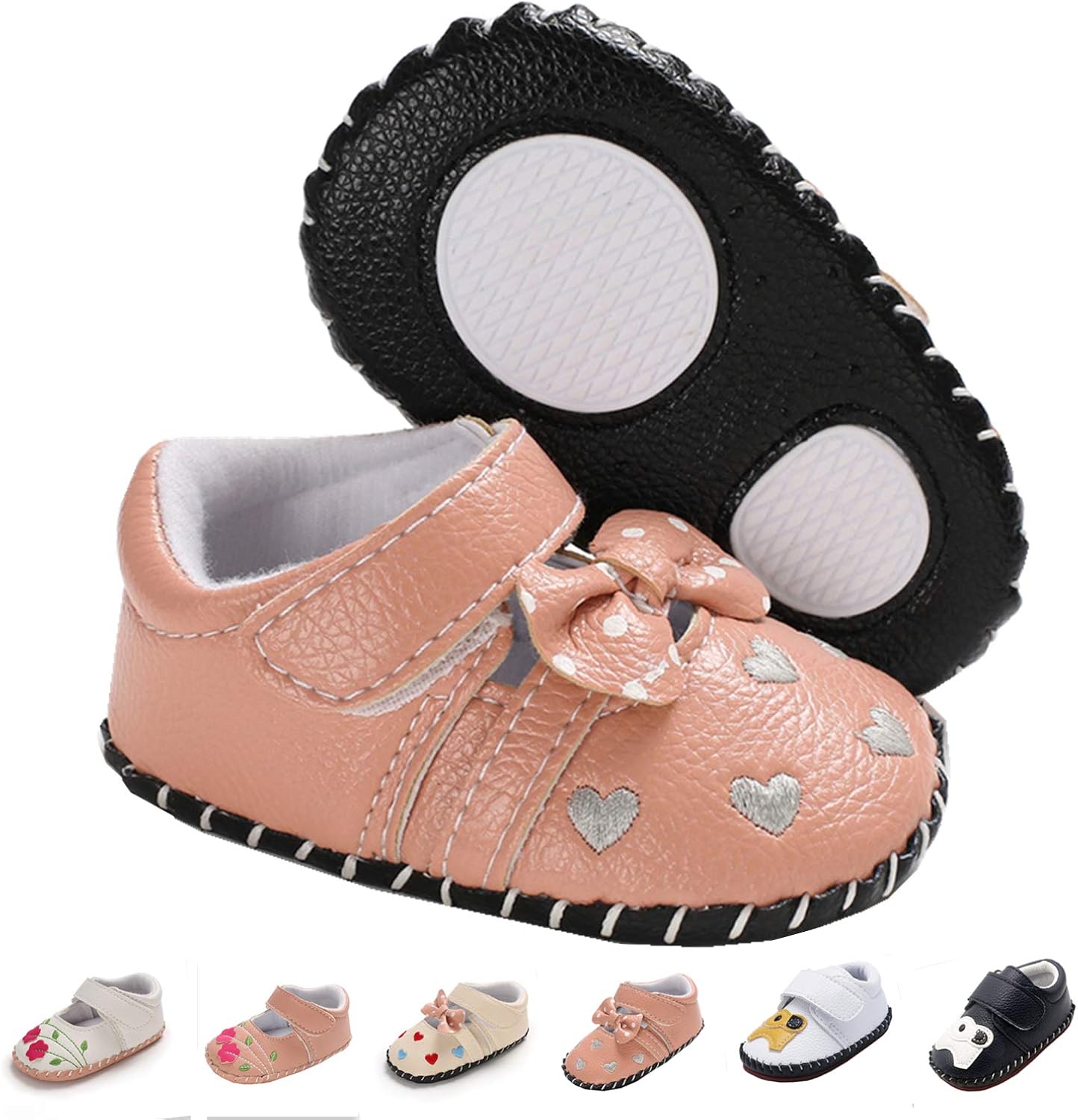 Baby Boys Girls Pu Leather Hard Bottom Walking Sneakers Toddler Rubber Sole First Walkers Infant Cartoon Slippers Crib Shoes