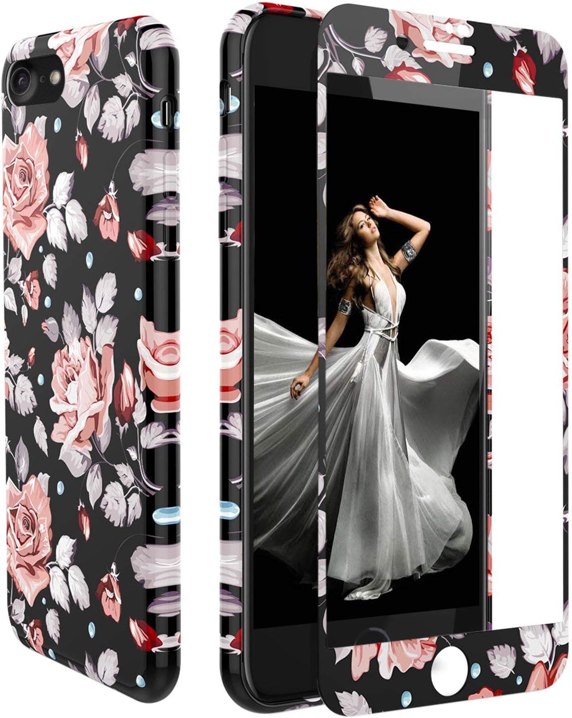 iPhone 8 Case and Screen Protector Floral, iPhone 7 Case Shockproof 360, Wafly Silicone TPU Protective Cover with [9H Tempered Glass Screen Protector] Flower Pattern Bumper for iPhone 7/8 4.7''-Rose