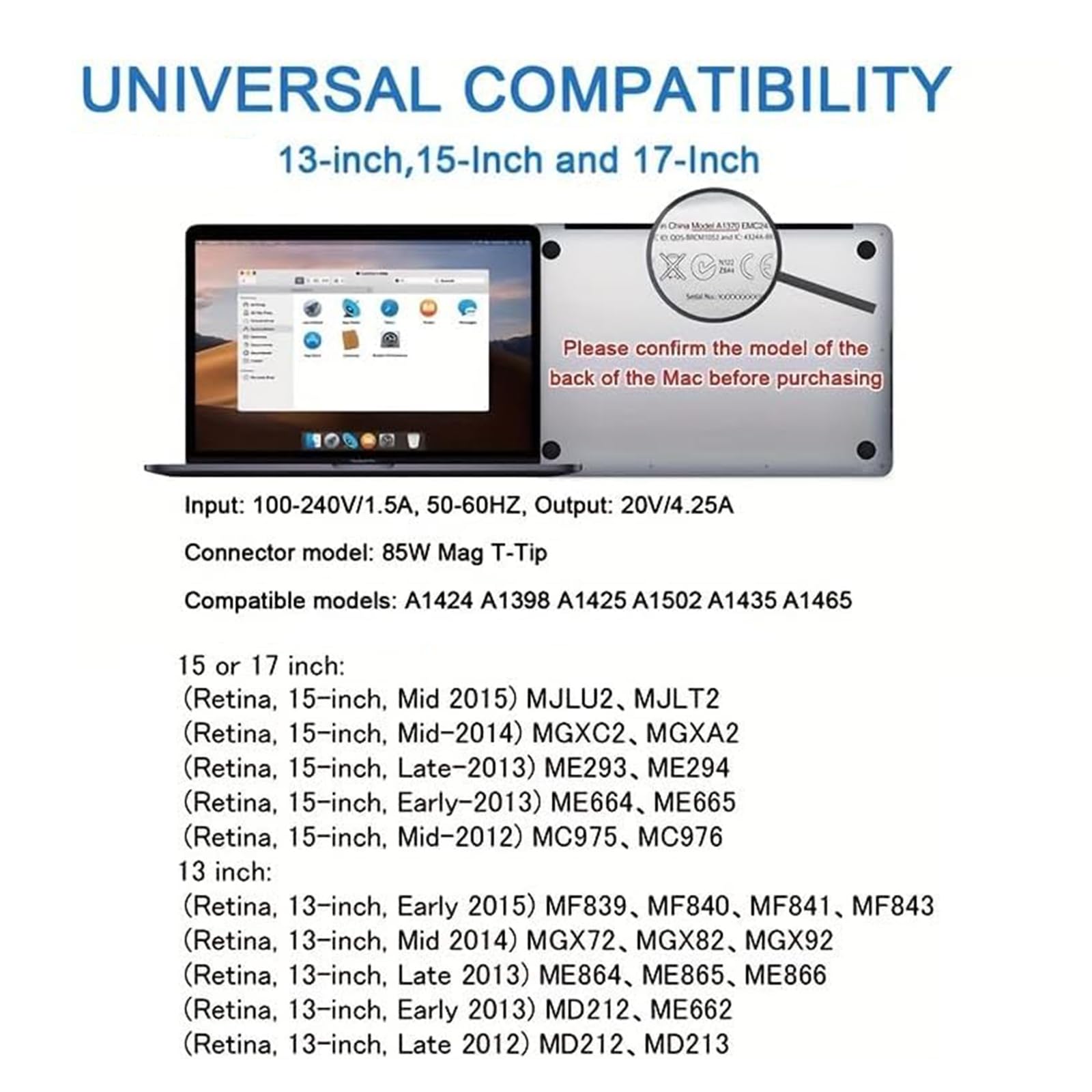 Mac Book Pro Charger - 85W Mag 2 Power Adapter,Compatible with Mac Book Pro 13 & 15 & 17 inch (Between 2012-2017)