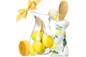 Honeydak 9 Pcs Lemon Gifts for Women, Includes 37 oz Plastic Lemonade Pitcher Fake Lemons Kitchen Towel Wooden Spoon Citrus Reamer and Yellow Ribbon, Spring Summer Kitchen Decorations and Accessories