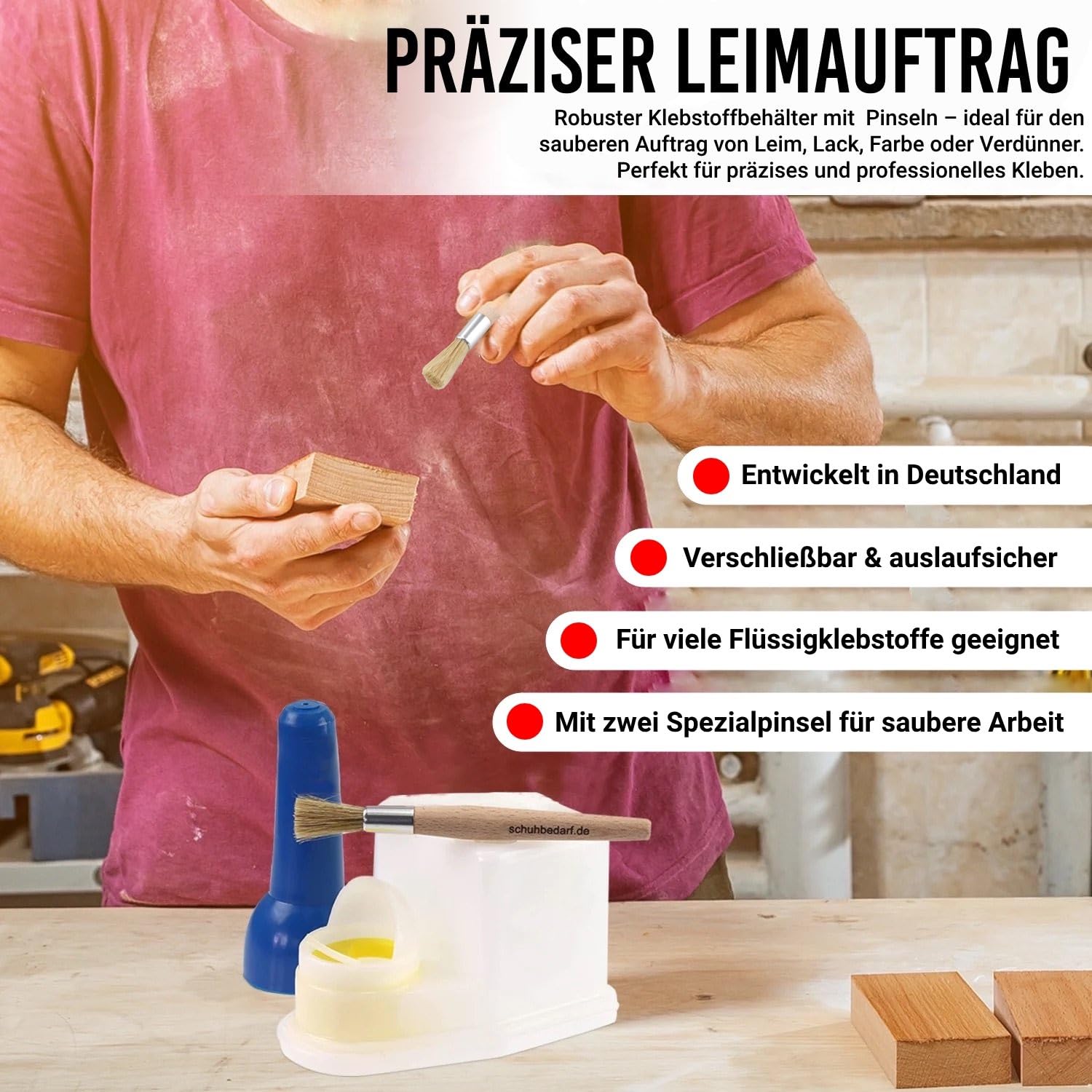 Klebstoff Sparbehälter mit 2xPinsel – luftdichter Leimspender für Schuhkleber, Holzleim, Kontaktkleber & Bastelkleber – robuster Leimbehälter für Werkstatt, Handwerk, Modellbau & Reparatur (0,4 Liter) 6