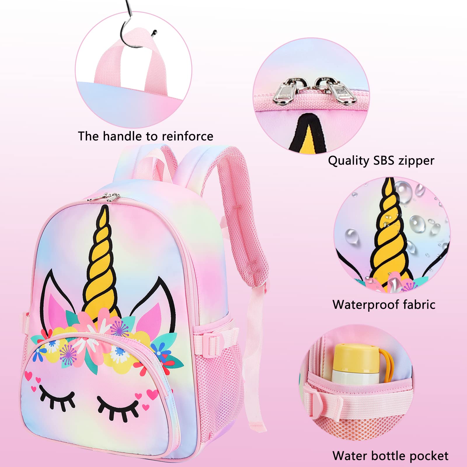Kids Backpack Girls School Backpack Preschool Kindergarten Unicorn Toddler BookBag with Chest Clip (Tie Dye headband)