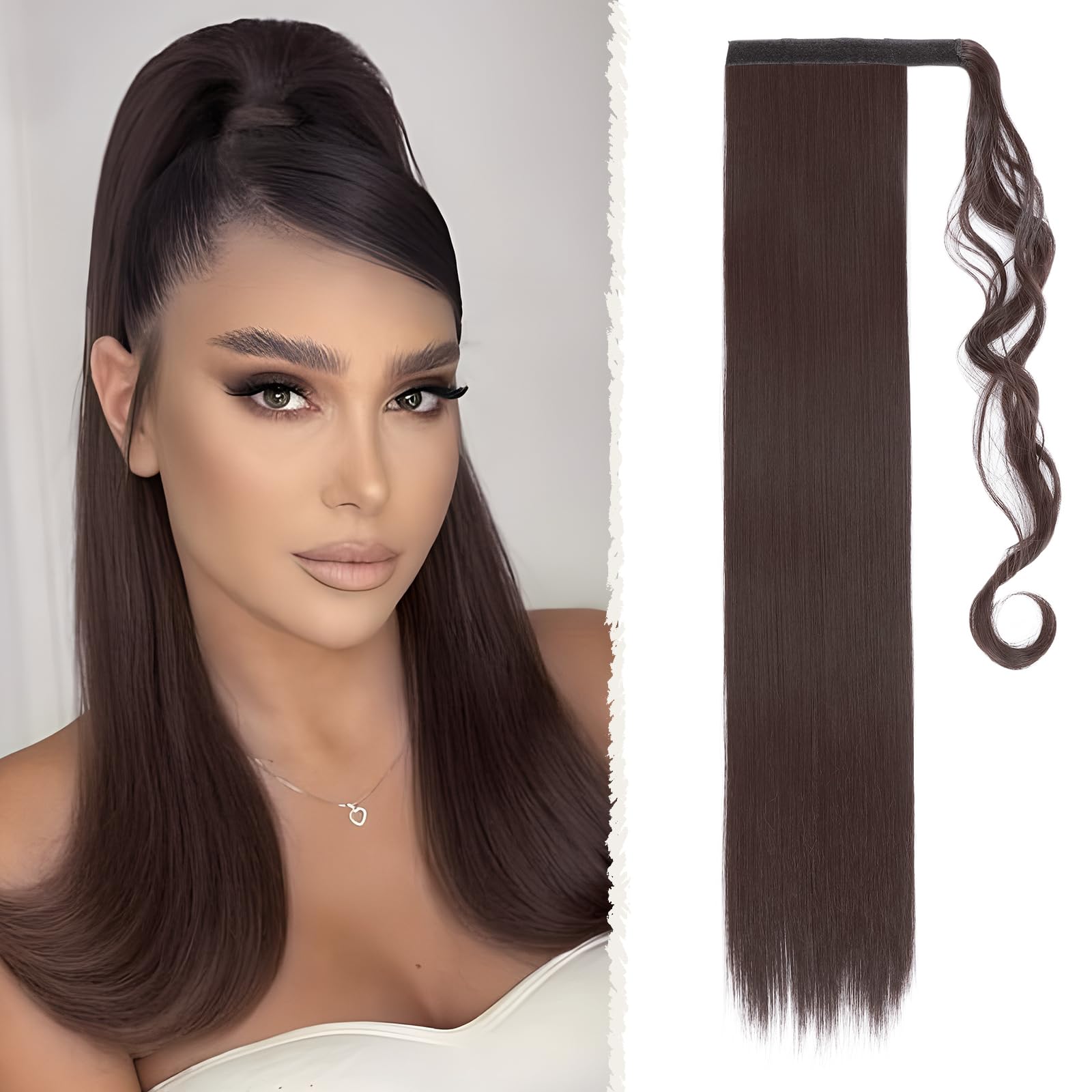 Benehair Straight Ponytail Extension 26 Inches Long Wrap Around Drawstring Ponytail Synthetic Hair Extension Ponytail Hairpieces Black Hair Pieces for Women(Brown, 100g)