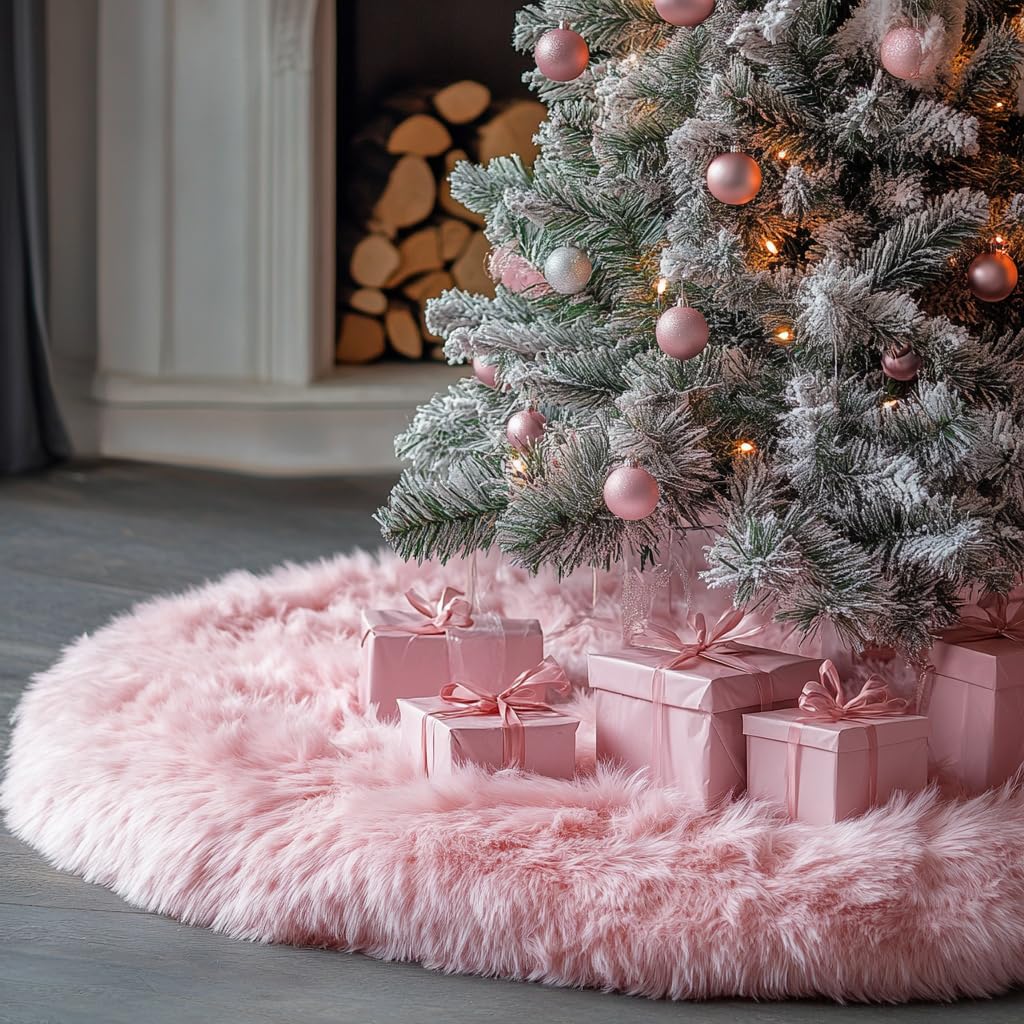 AISENO 72 Inch Pink Christmas Tree Skirt Plush Decoration for Merry Christmas Party - Faux Fur Christmas Tree Skirt Decorations Image