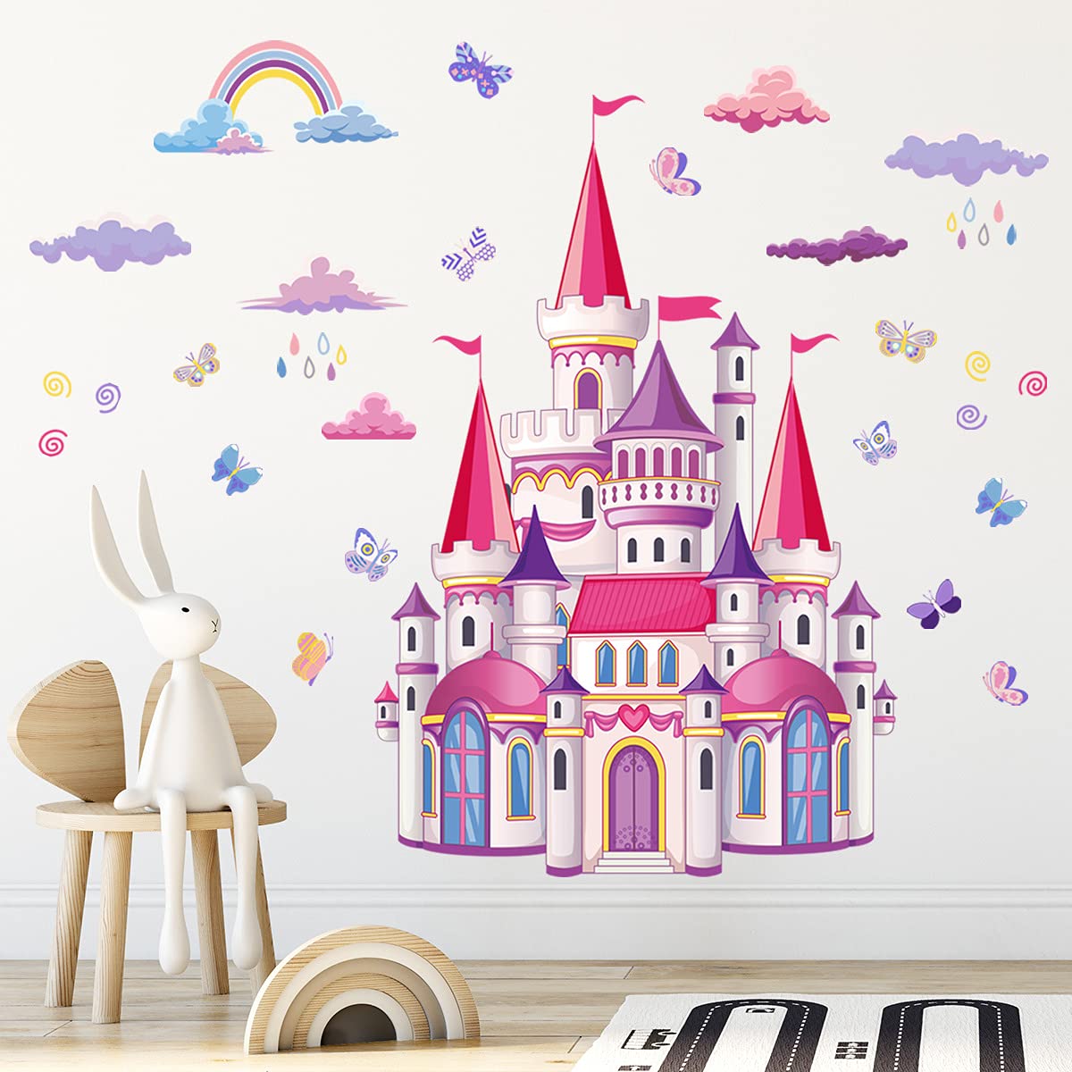 fanquare Pink Princess Castle Wall Stickers, Fairy Tales Rainbow Castle Wall Decal Removable DIY Vinyl for Babyroom Kids Children Room