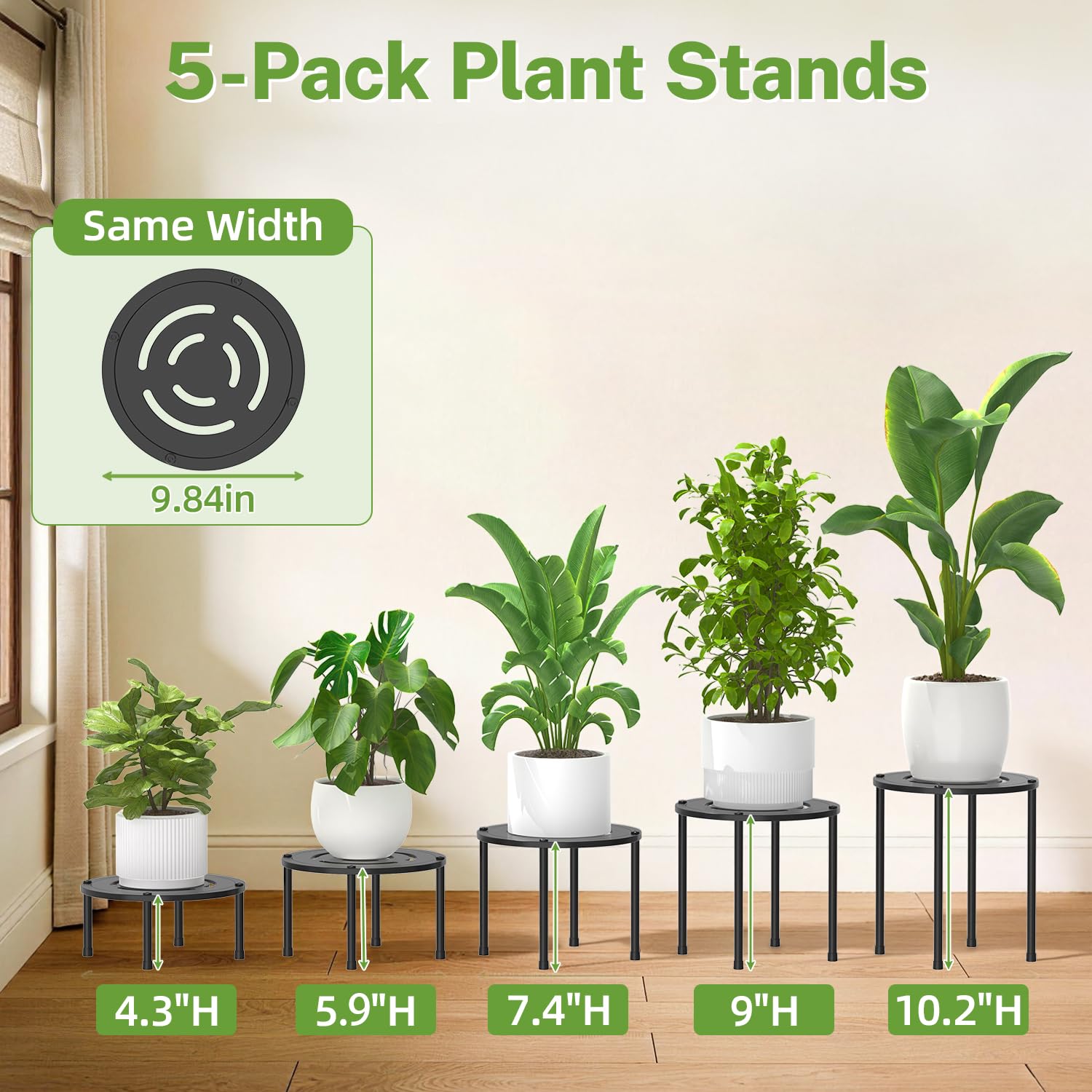 Condition photo showing New/Like New for idavosic.ly 5-pack metal plant stands for indoor outdoor, 10'' small, black | flower pot holder, anti-rust heavy duty iron stool, sturdy round planter risers for patio porch house garden, space saving black 5 packs