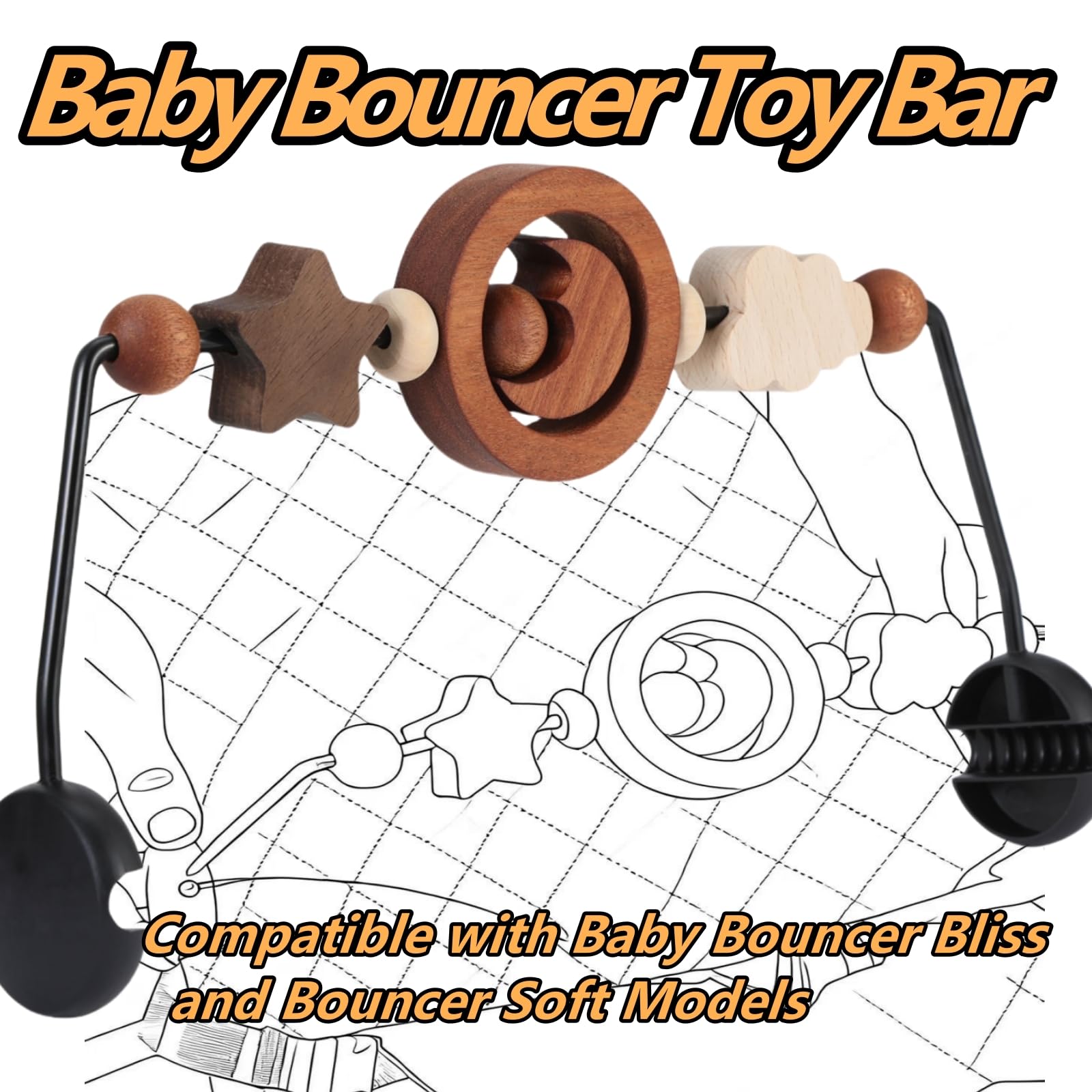 Toy Bar Compatible with Baby Bjorn Bouncer Toy Bar for Baby Bouncer, Durable Wooden Baby Bouncer Toy Bar Attachment, Rotatable Baby Sensory Toy (Natural Wood Colors)