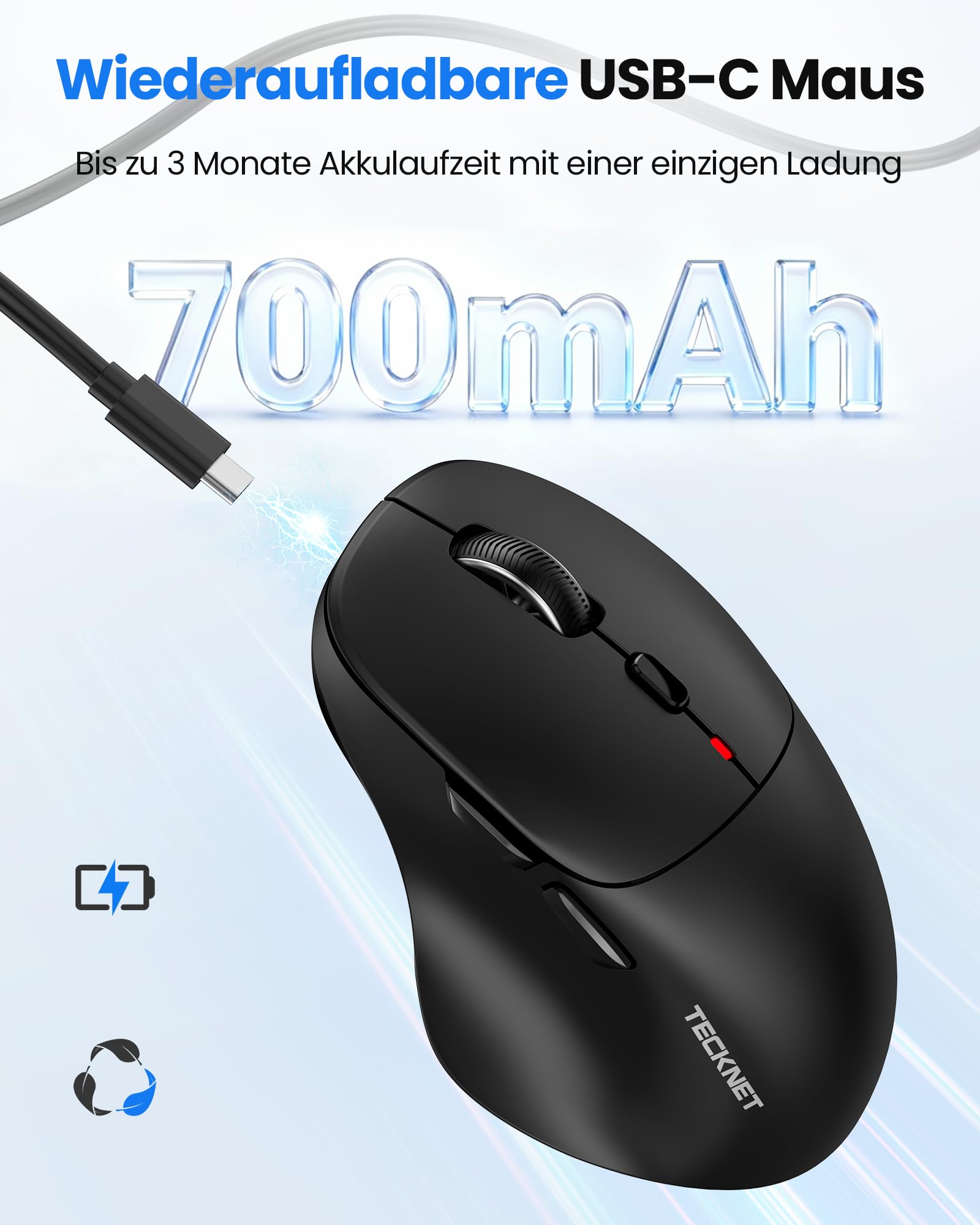 TECKNET Bluetooth Maus Wiederaufladbar, Maus Kabellos (Tri-Modi: BT5.0/3.0 + 2.4G) mit Ergonomische Daumenauflage, 4800 DPI Computer Leise Funkmaus für Laptop, PC, Mac OS, Android, Windows 4