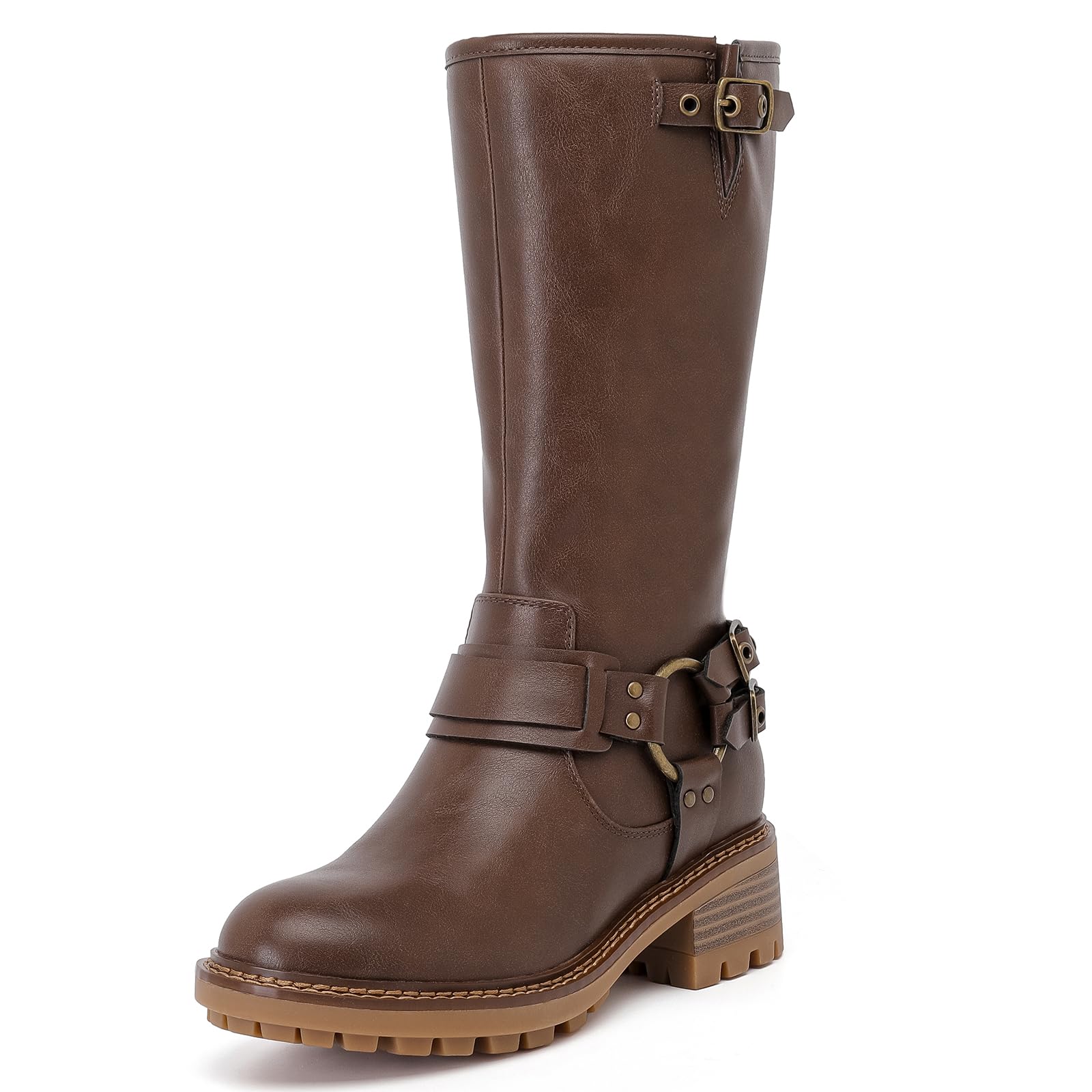 Photo 1 of Ruiee Women's Mid Calf Boots, Flat Casual Round Toe Booties Fashion Buckle Dressy Fall and Winter Low Heeled Boots for Women. 240973 Brown PU Size8