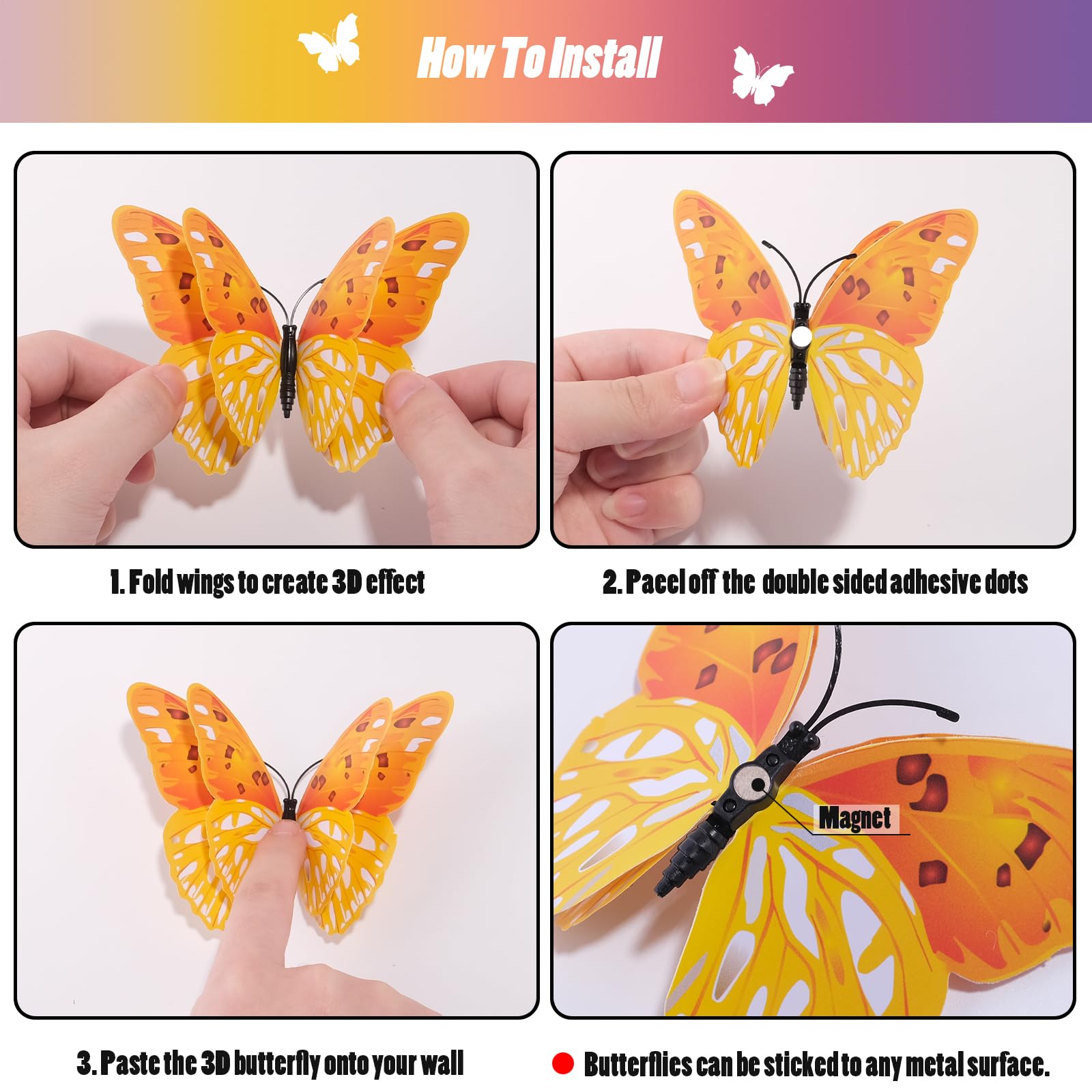 SAOROPEB 3D Butterfly Wall Decor, 24 Pcs Double Layer Butterfly Decorations for Party Decorations Locker Decor Refrigerator Decal, Reusable (Colorful)