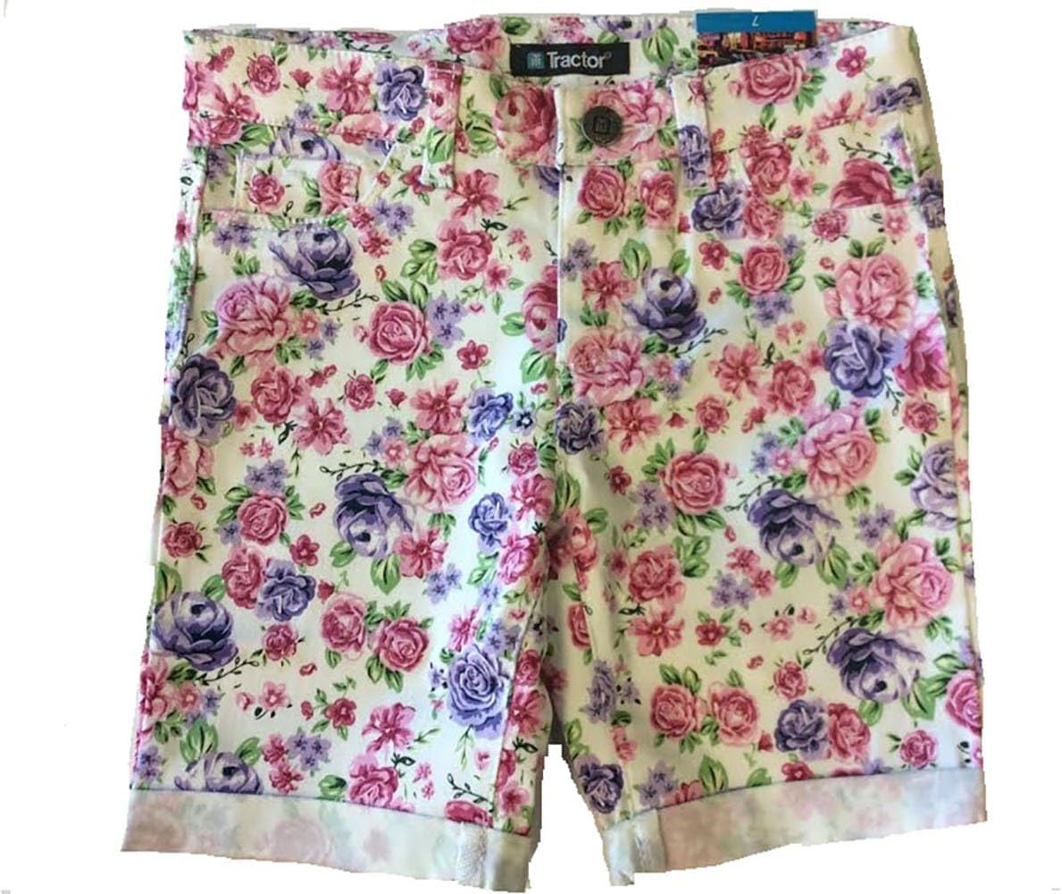 Tractor Girls Stretch Bermuda Denim Shorts Adjustable Inner Waist (7, Pink Rose Print)