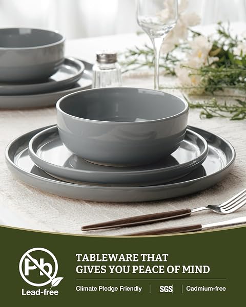 FAMIWARE MILKYWAY PLATES AND BOWLS SET, 12 PIECES DINNERWARE SETS, DISHES SET FOR 4, DARK GRAY