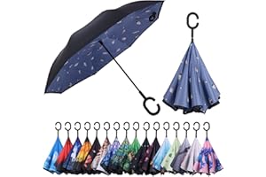 Wxjiahetai Inverted Reverse Umbrella with C-shaped Handle Windproof Upside Down Umbrellas for Rain Double Layer Hands Free Umbrella for Women and Men