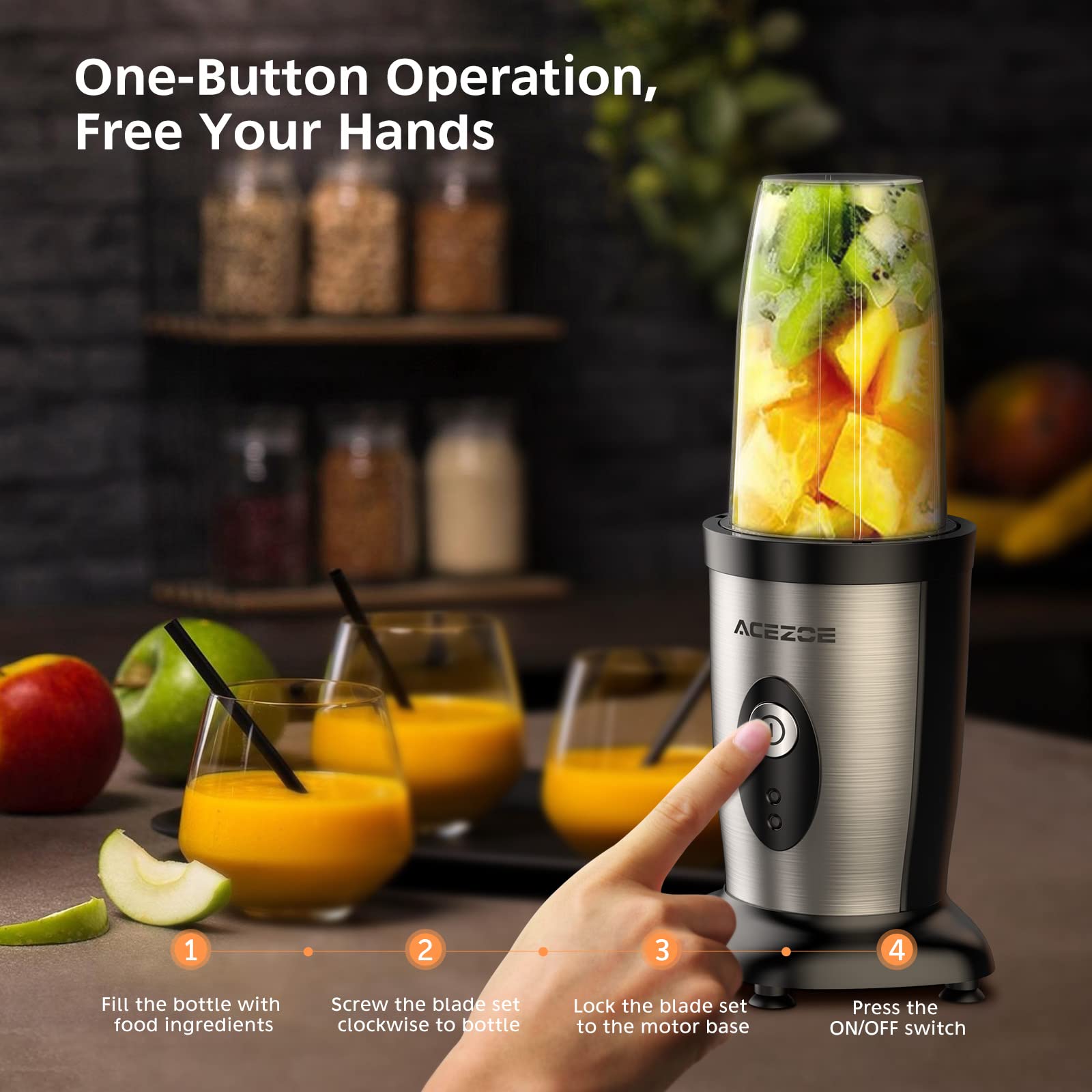 Acezoe Personal Blender Shakes and Smoothies, 3D 6-leafs, 850W Portable Blender, One-Button Mixer, 2x17oz Personal Blender Bottle, BPA Free Kitchen, baby food, Grinding, Juice