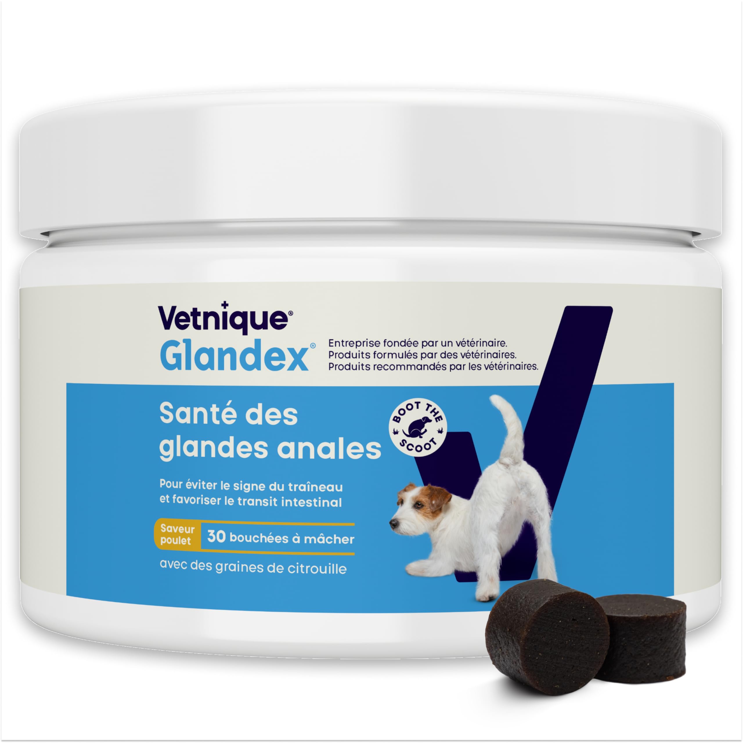 Glandex pour Chien - 30 bouchées à mâcher Santé des Glandes anales - Produit formulé par des vét pour favoriser la vidange des Glandes anales - Riche en oméga-3, graines de Citrouille et Fibres