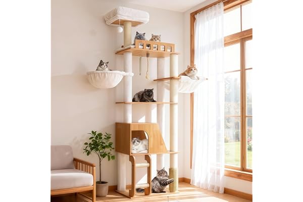 Hey-brother Wooden Cat Tree, 72.4 inch Cats Furniture Tower with Large Platforms, Hammocks, Spacious Condo, Full Sisal Scratc