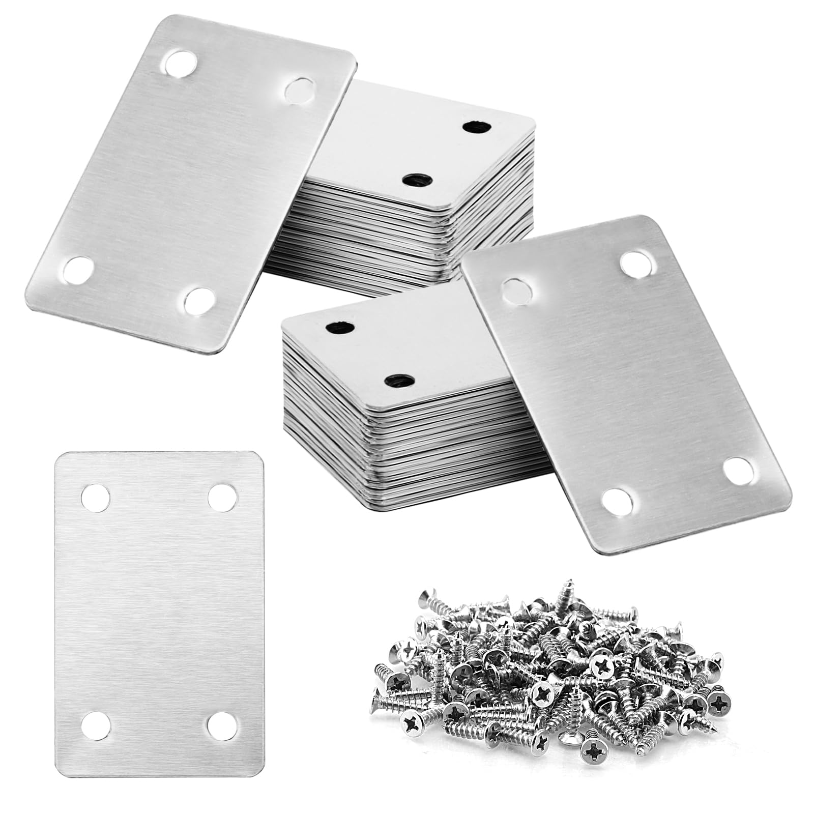 SINJEUN 40 Pcs 60 x 38mm Flat Straight Mending Plates, Stainless Steel Flat Joining Plates with Holes, Flat Metal Support Brackets Joining Plates with 160 Screws for Mending Fixing Repair Furniture