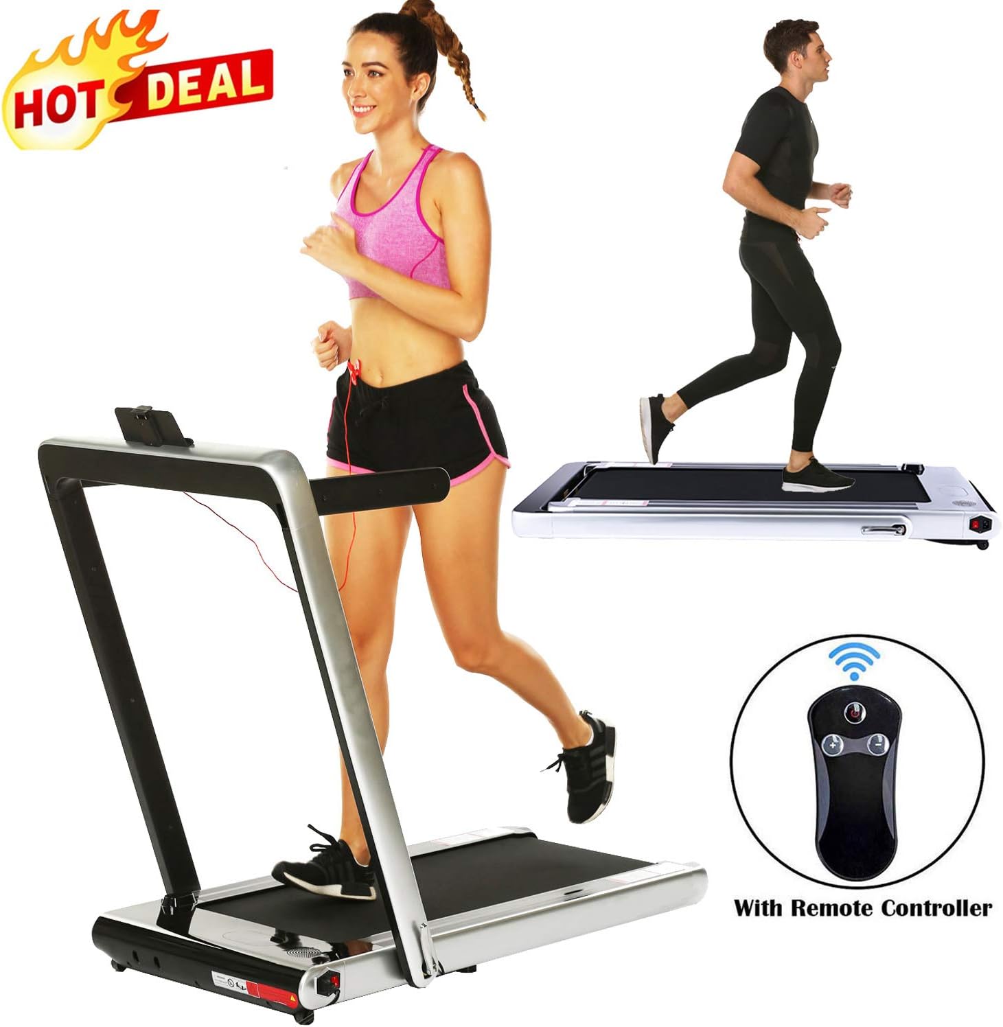 2 in 1 Under Desk Folding Treadmill,Electric Motorized Portable Pad Treadmills Walking Jogging Running Exercise Fitness Machine with Remote Controller and Bluetooth Speaker for Home Gym Office