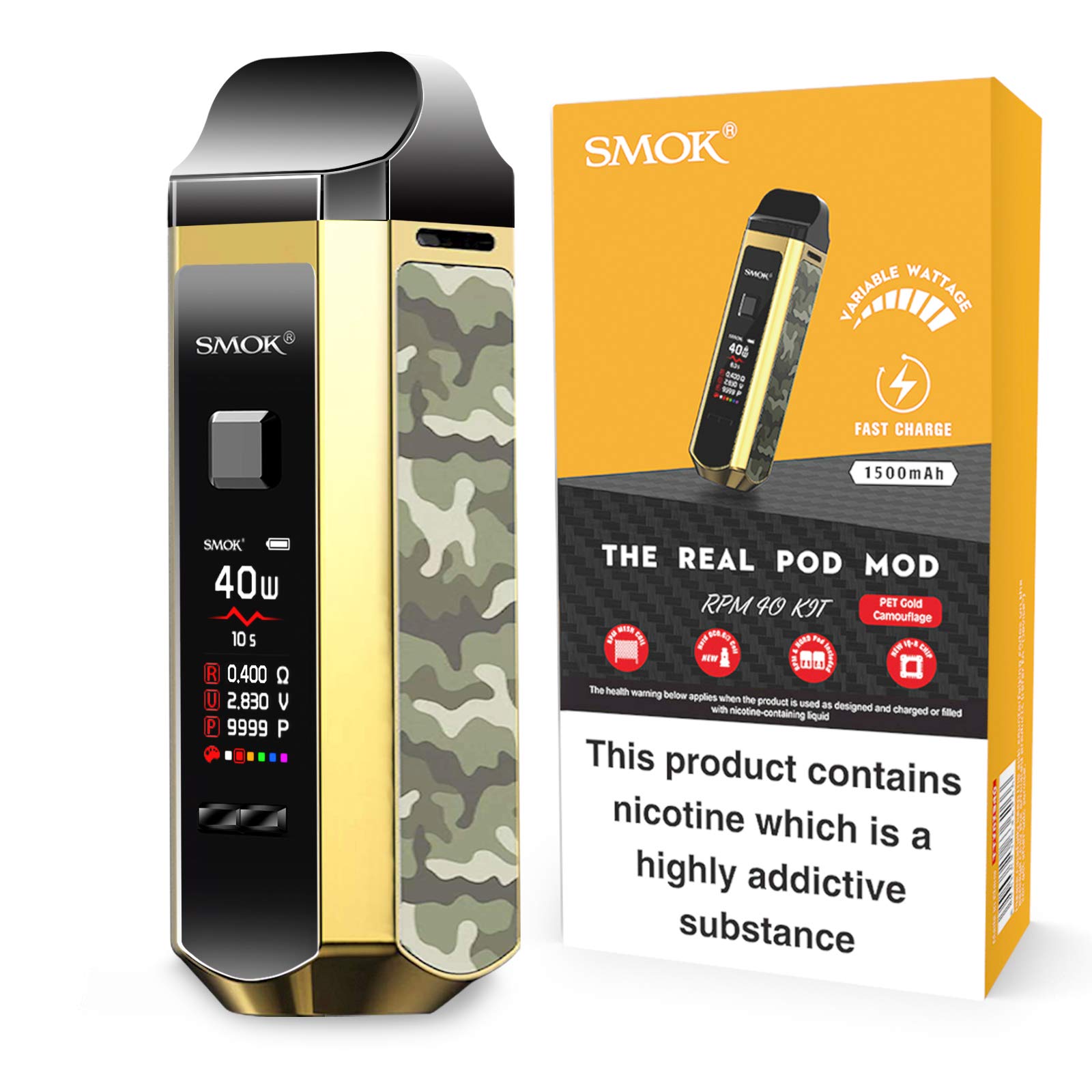 SMOK RPM 40 Kit 1500mAh Battery, 40W Output, Adjustable Airflow, 2mL Refillable Pod, Compact Pod System for Vaping No Nicotine (Gold Camo)
