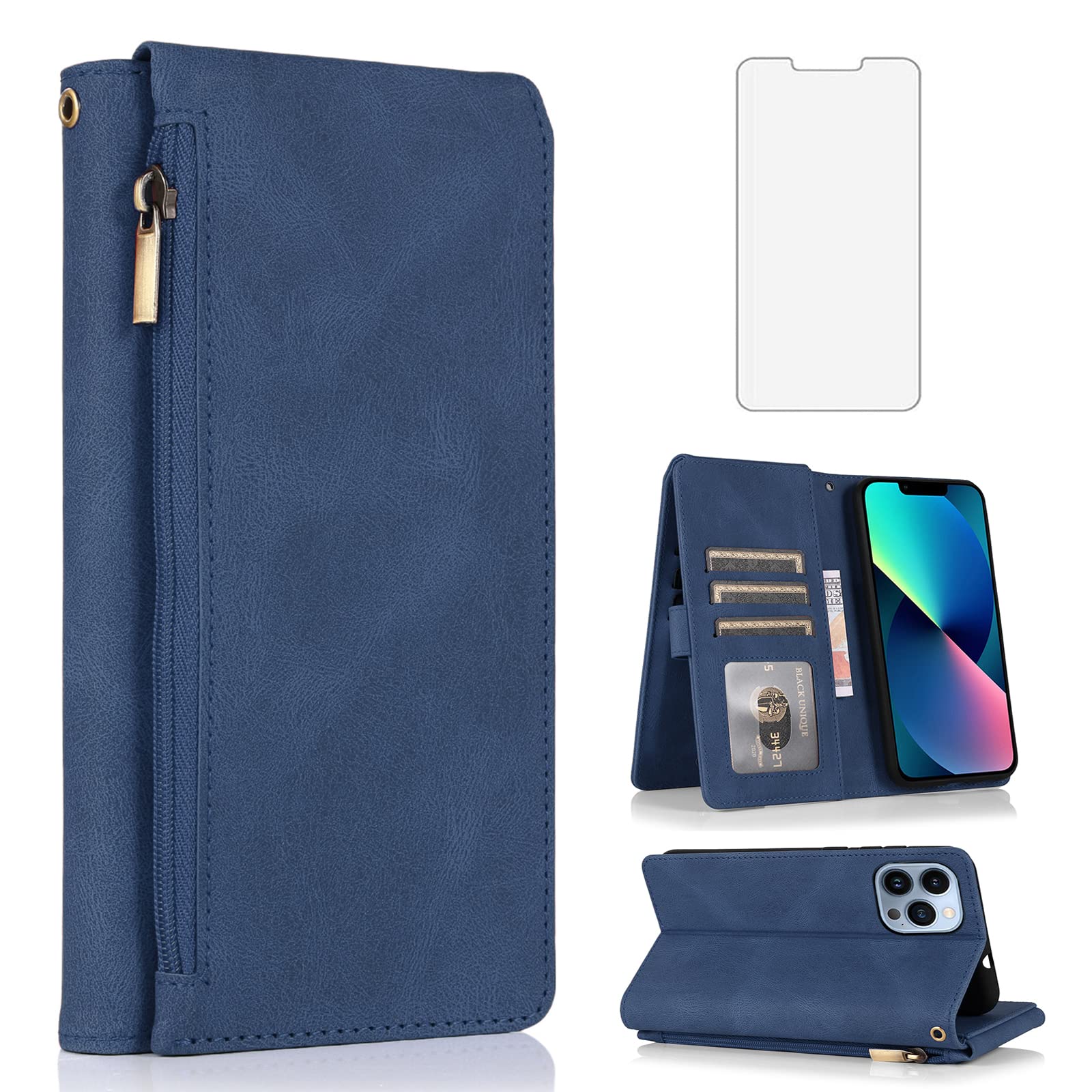 Compatible with iPhone 13 Pro Max 2021 6.7 inch Wallet Case Tempered Glass Screen Protector Zipper Leather Flip Cover Card Holder Phone for iPhone13promax 5G i Phone13Max Plus iPhone13 ProMax Blue