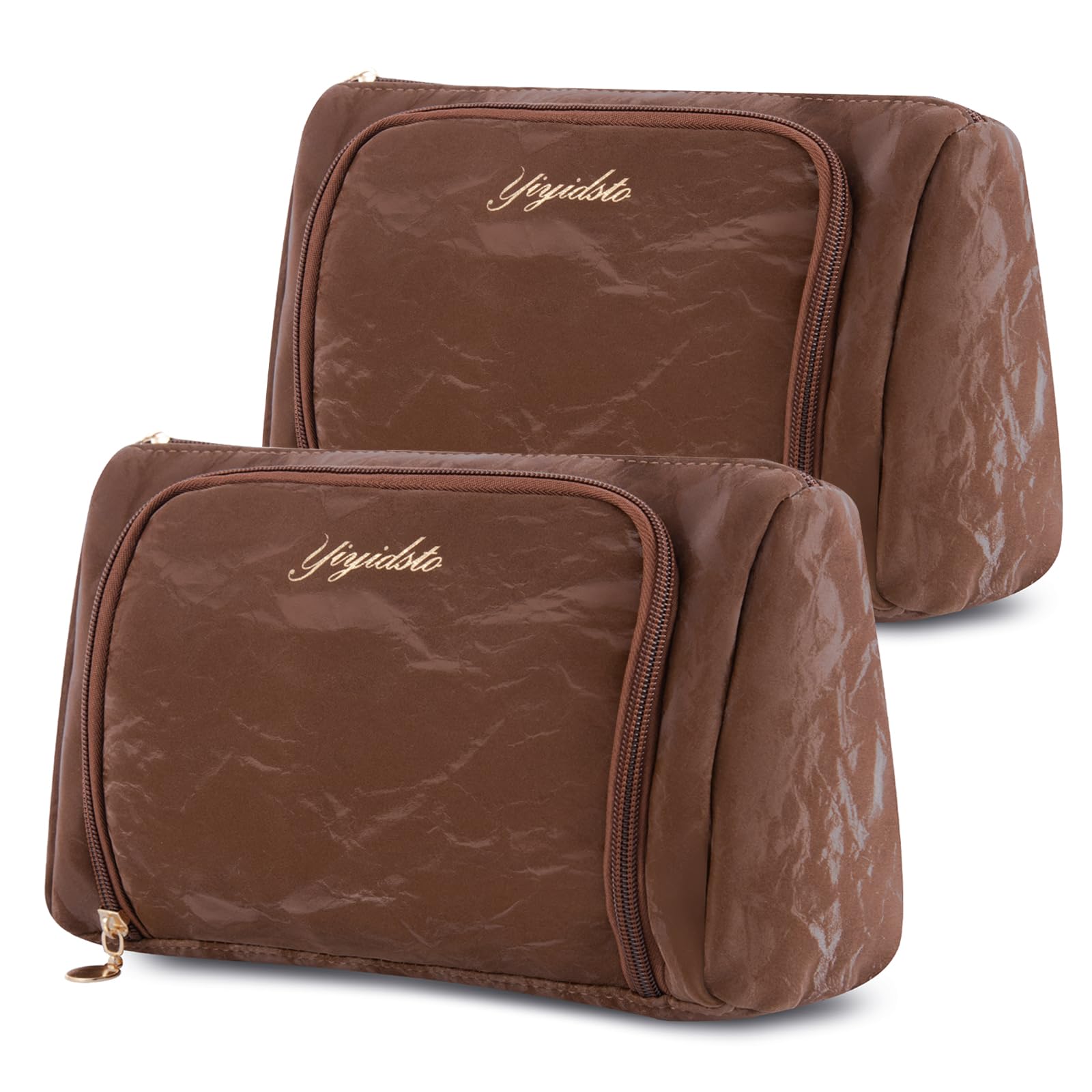 YIYIDSTO Cosmetic Bag Travel Makeup Bag Large Capacity Small Travel Zipper Pouch Makeup Organizer Bag for Women (Brown-2 Pack)