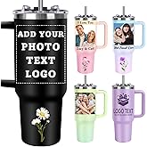 Personalized Tumbler with Handle and Straw, Custom 40oz Tumbler with Picture Logo Text - Stainless Steel Travel Coffee Cup, Personalized Christmas Gifts Mom Dad Friend