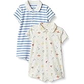 Amazon Essentials x Sofia Grainge Baby Boys' Short Sleeve Cotton Romper with Snap Closure, Breathable, Pack of 2