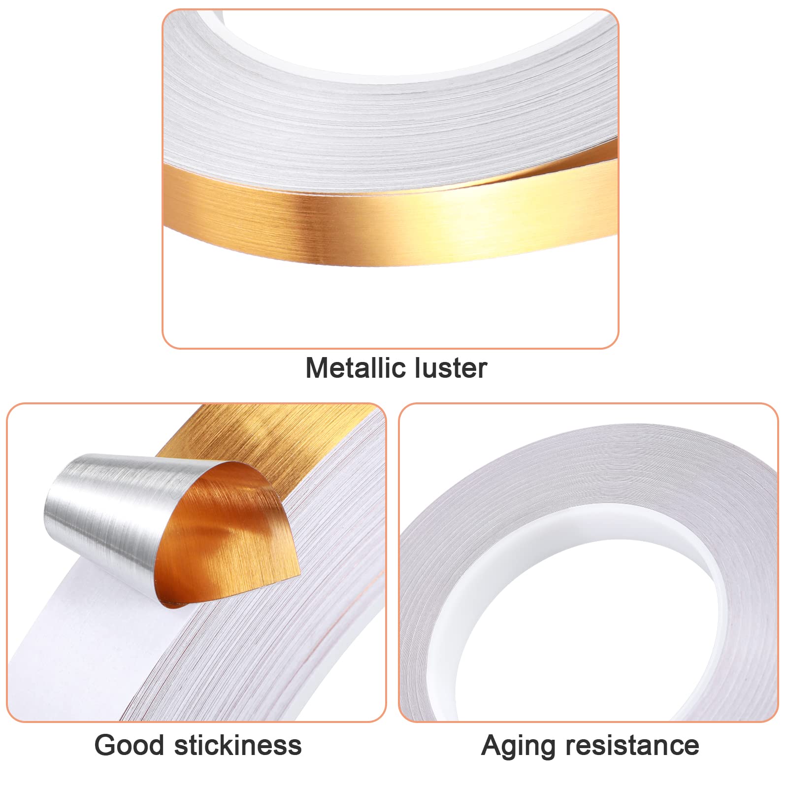 Zonon 3 Rolls Tape, Self Adhesive Metalized Polyester Film Tape, Washi Tape for Christmas Detailing Accent Walls Graphic Arts for Cars and Boats Trim, 3 Sizes (Gold, Suitable Size)
