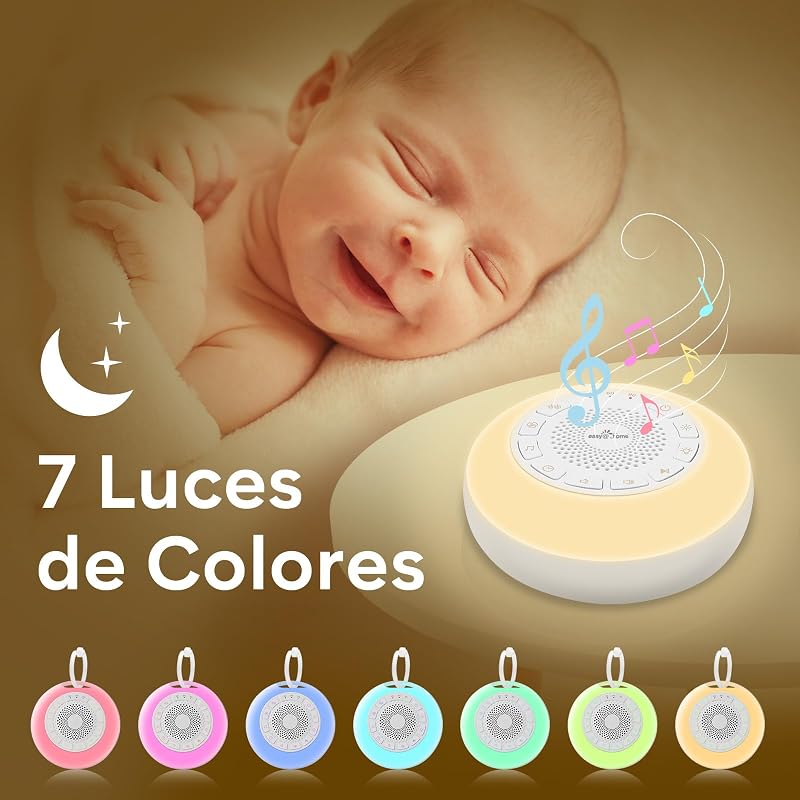 Máquina de Ruido Blanco para Dormir Bebé: Easy@Home Aparato de 26 Sonidos Relajantes con Luz Nocturna Ajustable Ambiental en Siete Colores & Temporizador丨Recargable por Tipo-C丨Blanco