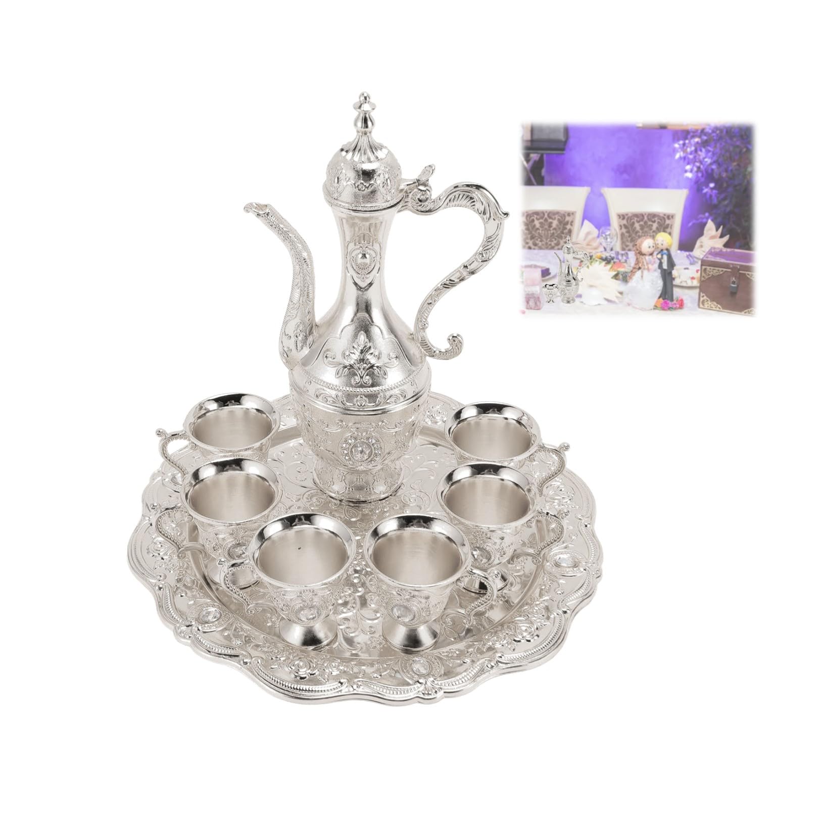 Turkish Tea Set,Vintage Turkish Coffee Pot and Cups Set with 6 Coffee Cup and Tea Tray,Turkish Flagon Shot Glasses Set Teapot Tea Service Set Alloy Wine Glass Pot Set for Tea