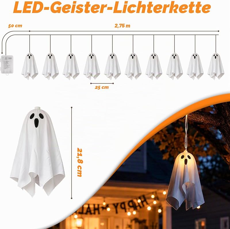 Halloween Deko Outdoor, 2.75M LED Halloween Hängende Geisters mit Lichterketten Batteriebetriebe, Timer, Ghost Hallowen Dekoration 8 Modi, Geist Leuchtend für Innen Außen, Balkon, Party — Foto 2 von 8
