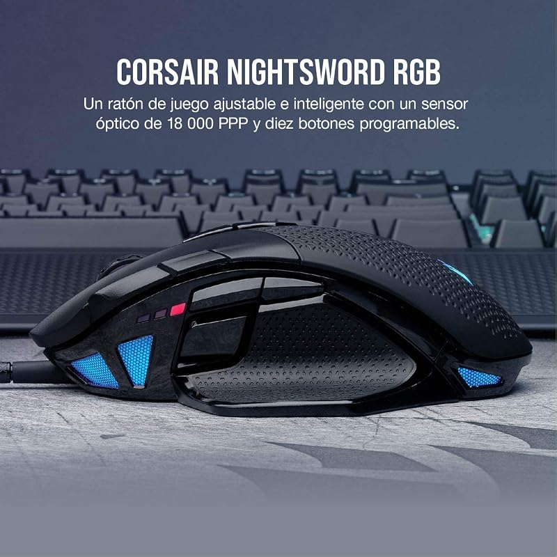 NIGHTSWORD RGB FPS/MOBA Rato de jogo com fios - 18.000 DPI - 10 Botões Programáveis - Sistema de Peso - Compatível com iCUE - PC, Mac, PS5, PS4, Xbox - Preto